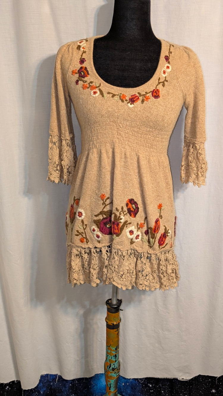 Anthropologie Moth Boho Floral Wool Blend Village Pass Tunic Sweater Dress Sz S